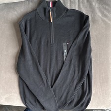 Tommy Hilfiger Mens Black Cotton Knit 1/4 Zip Mock Neck Pullover Sweater M