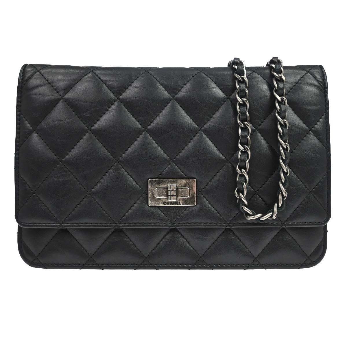 Best08/ Chanel Black Aged Calfskin 2.55 Reissue WOC Wallet on Chain Bag KQ01641
