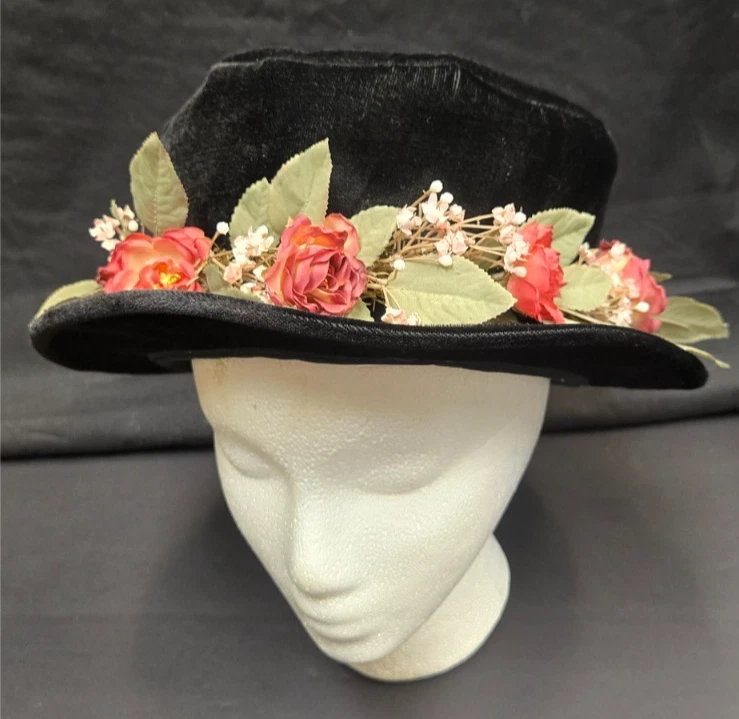 Beautiful Vintage Black Velvet Bucket Hat w/ Flowers & Nest Size 57cm/22in - Image 2 of 4