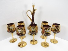 Vintage Venetian Bohemian Ruby Red Glass Decanter Set 7 Wine Goblets Gold Enamel