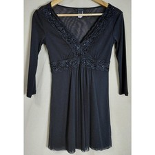 EXPRESS Black V-Neck Dress Solid 3/4 Sleeve Knee Length Women Size XS