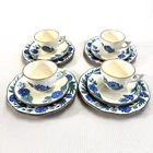 Set / 4 Vintage Stangl Hand Painted Dahlia Tea Cups Saucers Sandwich Plates MCM