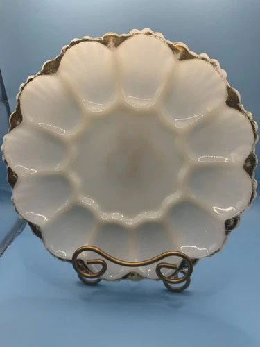 Vintage White Gold Porcelain Egg Plate with Scalloped Edge and Gold Trim