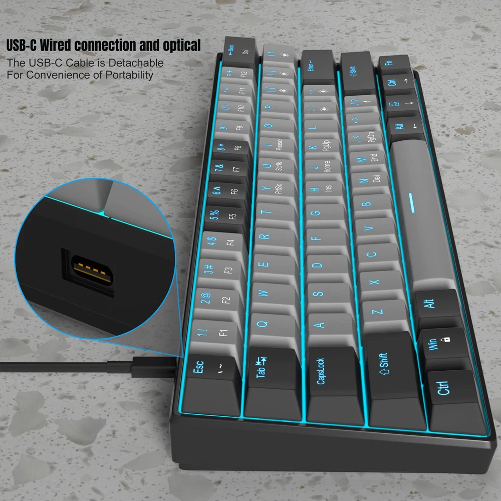 60% Compact Mechanical Gaming Keyboard with Blue Switches and Sea Blue Backlight