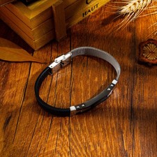 Armband Herren Damen 23cm Schwarz Silber Edelstahl Geschenk Schmuck Stahl Leder