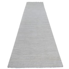 3'8"x14'5" Ivory Plain Solid Pattern Hand Knotted Ghazni Wool Runner Rug 21944