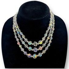 Vintage Triple Strand AB Crystal Lustrous Aurora Borealis Rhinestone Necklace
