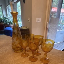 Vintage Amber Glass Decanter Set 5 Goblets Etched Bird Grape Clear Stopper