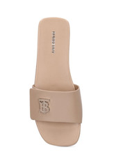 BURBERRY TB Logo 10mm Sloane Beige Leather Slide Sandals Light Almond Brown, NEW