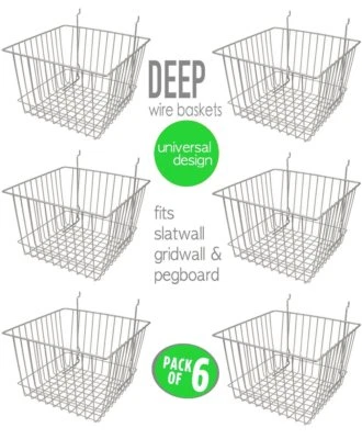 Only Hangers Deep Wire Baskets For Gridwall, Slatwall and Pegboard- Chrome 6pk