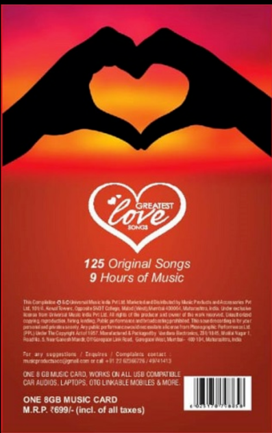Greatest Love Songs Bollywood MUSIC CARD/ 125 SONGS WORKS ON ALL