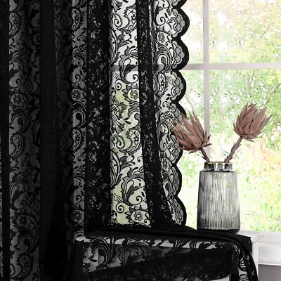 Black Sheer Lace Curtains 84 Inch Vintage Floral Sheer Gothic Curtain Panels