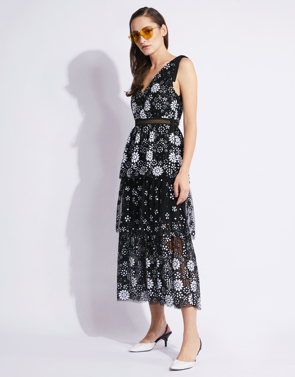 self portrait tiered sequin dress Self-Portrait Starlet Deco Sequin Tiered Midi Dress Black