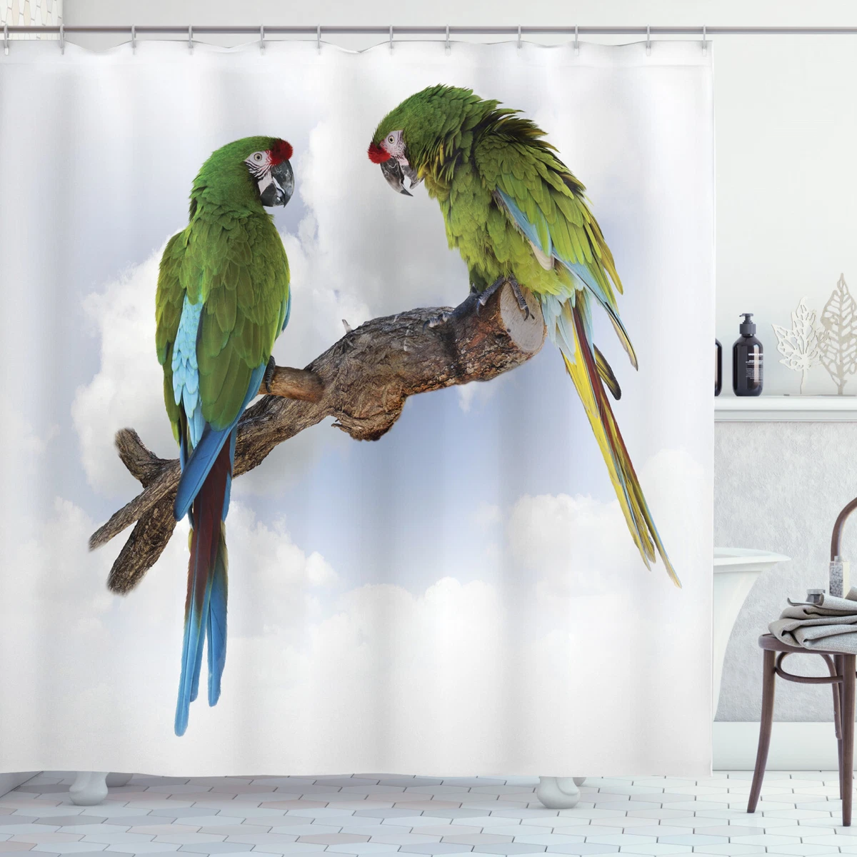 Macaw Parrots on Branch Talking Bird Tropical Nature Print Shower Curtain Set