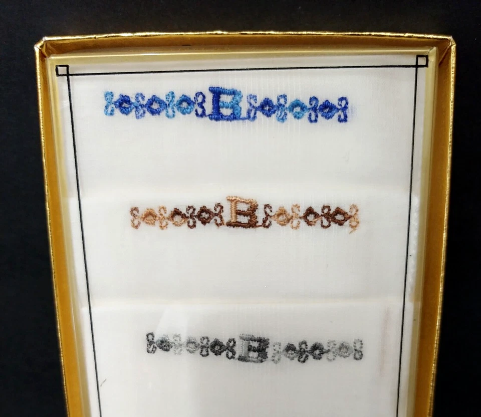 Pañuelos vintage para hombre nuevos en caja bordados "B" años 60 lino algodón conjunto de tres Foto 2 de 3