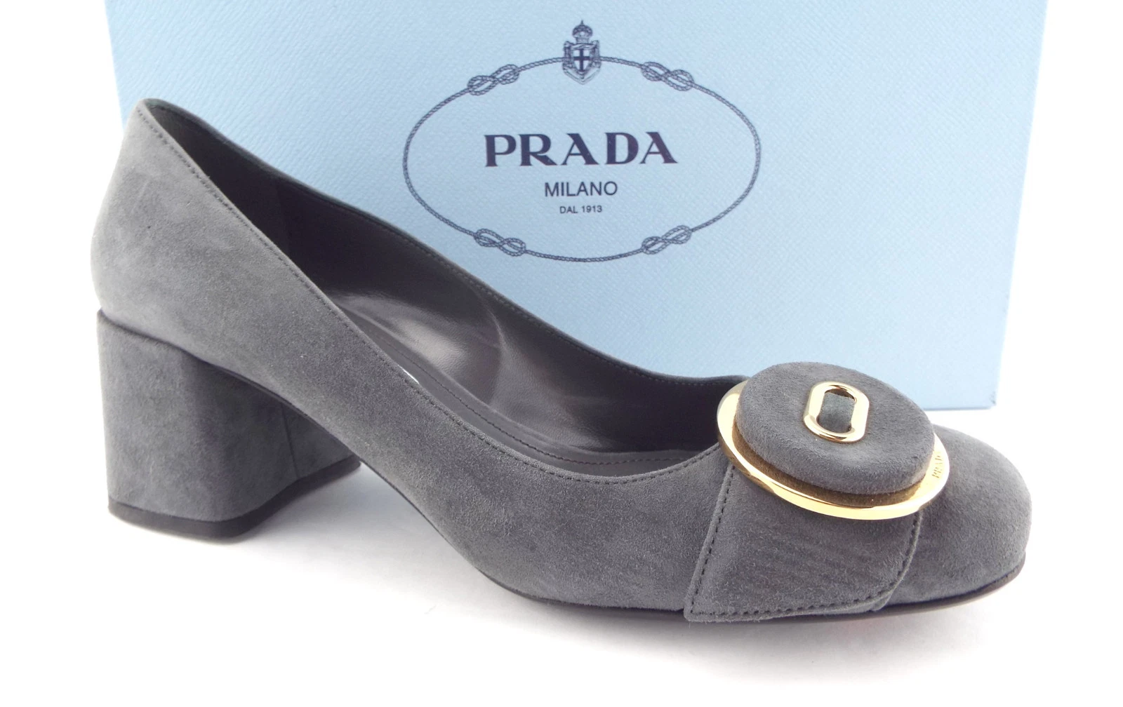 Nuove scarpe décolleté grigie Prada taglia 6 5 camoscio con logo a bottoni tacco a blocco 36 5