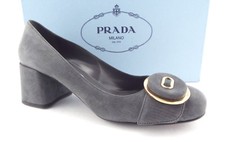 New PRADA Size 6.5 Gray Suede Logo Button Block Heel Pumps Shoes 36.5