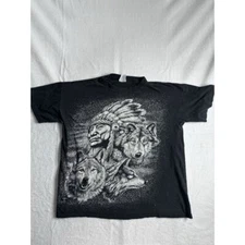 VTG Creditee AOP Native American Wolf Short Sleeve Shirt Black Men's XL *