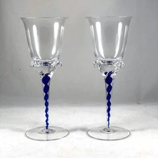 Pair Vintage  Crystalex Bohemia  Hand Blown Cobalt Twist  Wine Glasses