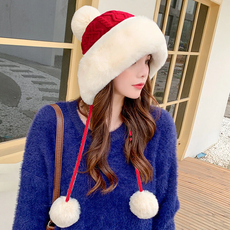 Women Knit Pom Pom Fleece Lined Faux Fur Russian Warm Hat Beanie Bobble Ski