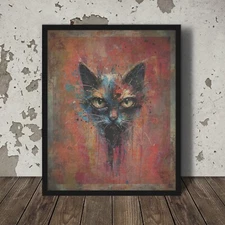 Vintage BLACK CAT Wall Art, Retro Kitty Poster, Evil Cat Horror HalloweenDecor