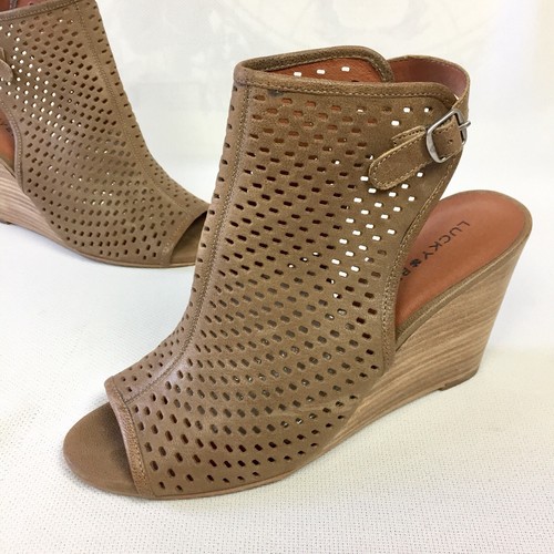 Lucky Brand Risza Wedge Heels Open Toe Booties Brown Leather Sling Back Size 8.5 - Picture 2 of 10
