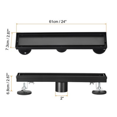 24'' Versetzter Seitenauslauf Linear Dusche Badablauf mit Haarfänger Schwarz