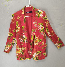Zara Women Jacket Large Red Floral Print 100 Polyester Open Front Blazer Fit
