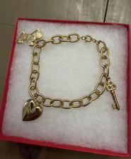Gold Tone Charm Bracelet Heart Key Dog Scottie Charm Chunky Link