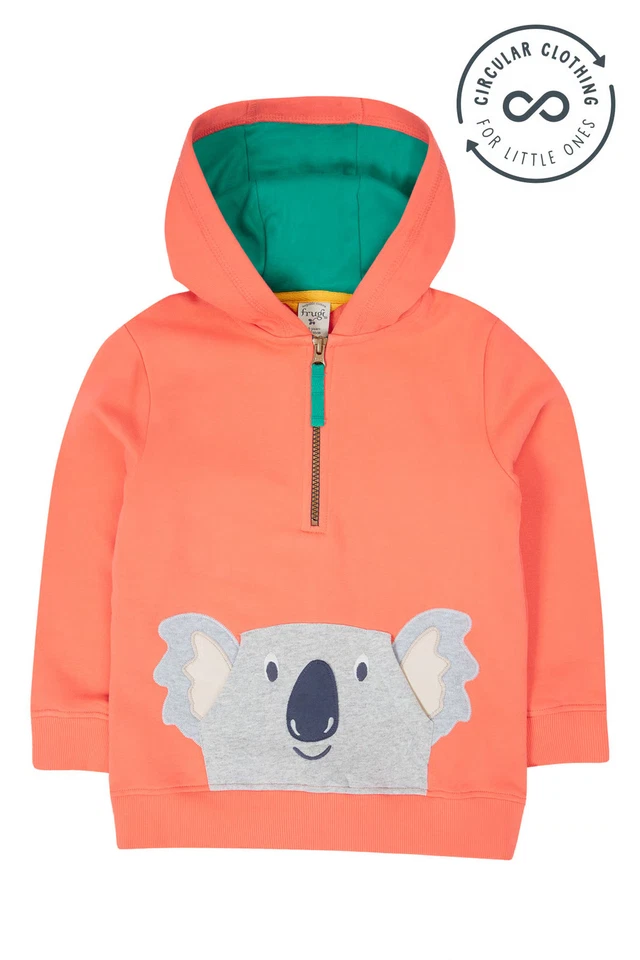 Frugi Unisex Orange Hoodie - Hadley Half Zip Hoodie - Cantaloupe/Koala