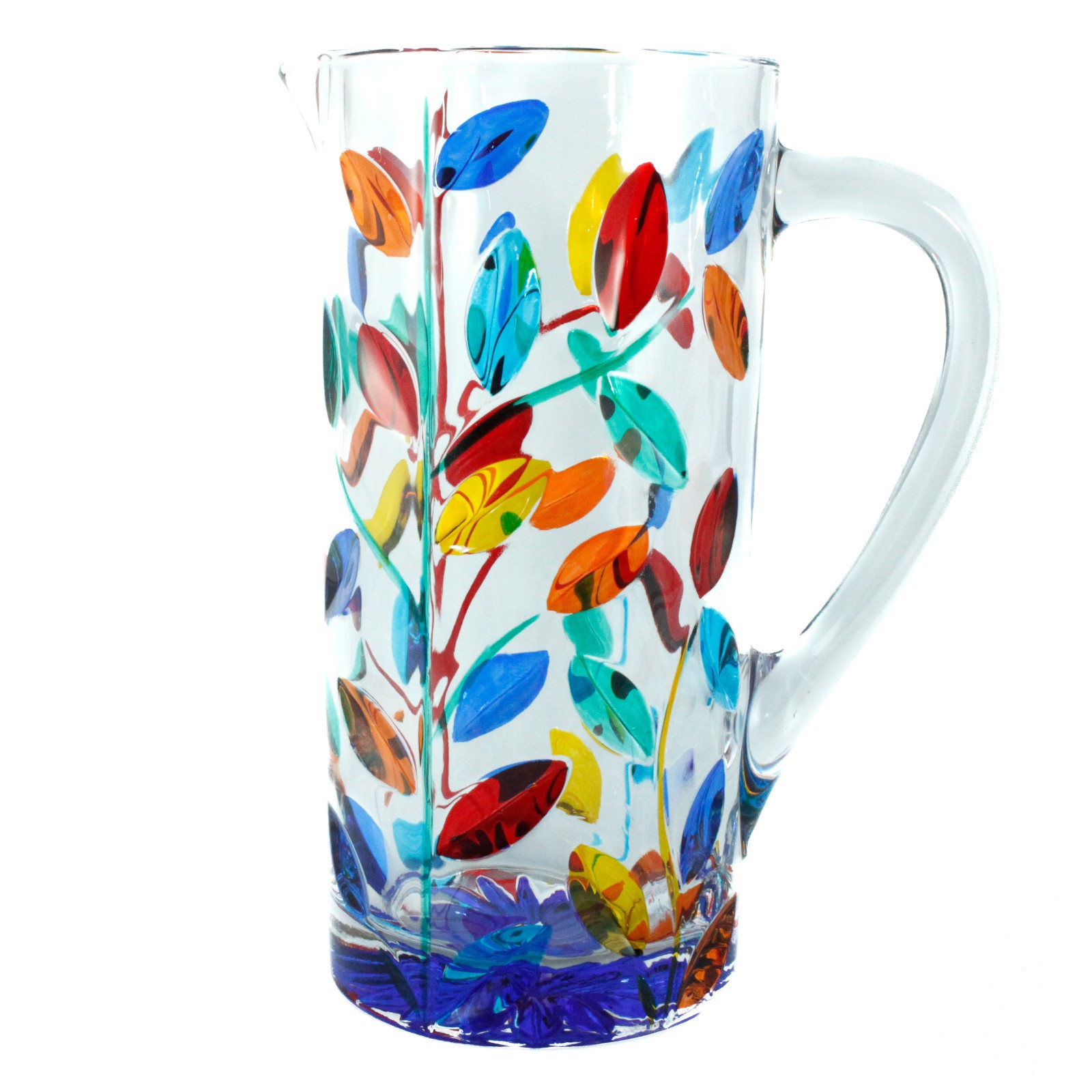 Jarra De Agua De Vidrio De Murano Multicolor Con Flores Azules De Venecia