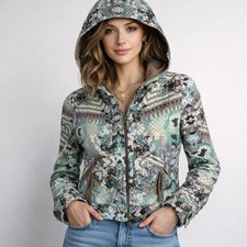 Giacca con cappuccio Custo Barcelona taglia 36 S stampa astratta zip davanti Y2K Festival