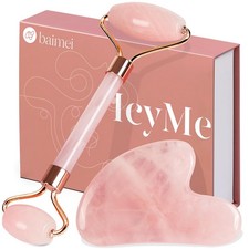 BAIMEI IcyMe Rose Quartz Roller Gua Sha Set, Cooling Face 2 Piece Pink