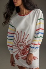 NWT Anthropologie Farm Rio Long-Sleeve Scallop Mini Dress Embroidered Bird S