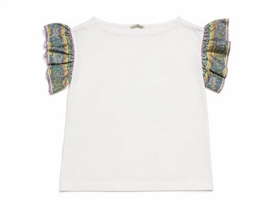 EMILIO PUCCI T-SHIRT WEISS BAUMWOLLE MIT BEDRUCKTEN SEIDENRÜSCHENÄRMELN 