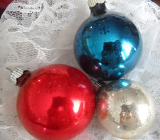 Vintage Christmas Ornaments - 3 MERCURY GLASS SHINY BRITE BALLS-BLUE, RED,SILVER
