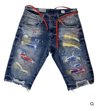 Smoke Rise Men's Distressed Jean Colorful Paint Patch Stretch Denim Shorts Sz 34