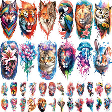 77 PCS Temporary Tattoos Adult Kids, 17 PCS Flower Lion Tiger Wolf Cat Owl Parro