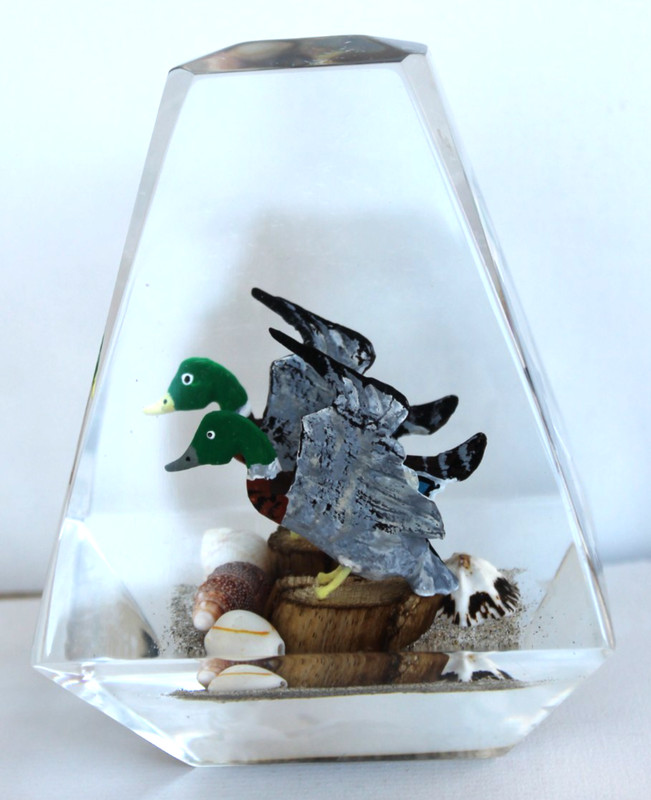 Vintage Hand Carved Painted 2 Ducks in Lucite/Acrylic Unique Canada Paperweight