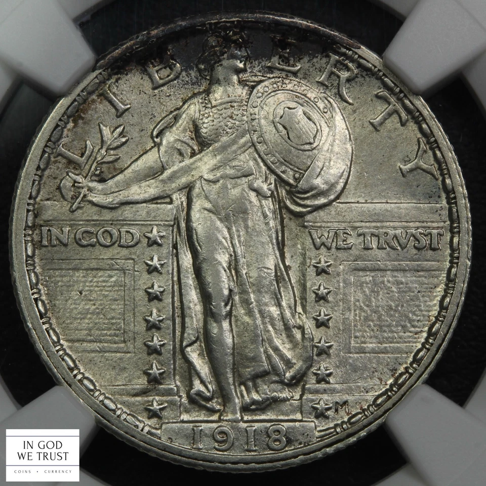 1918 Full Head Standing Liberty Silver Quarter 25C NGC AU 58 FH CAC (Toning!) - Image 3 of 4
