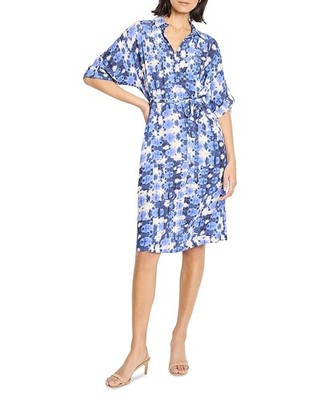NIC+ZOE Devon Printed Shirt Dress Women's S Blue Multi Elbow Sleeve Pullover