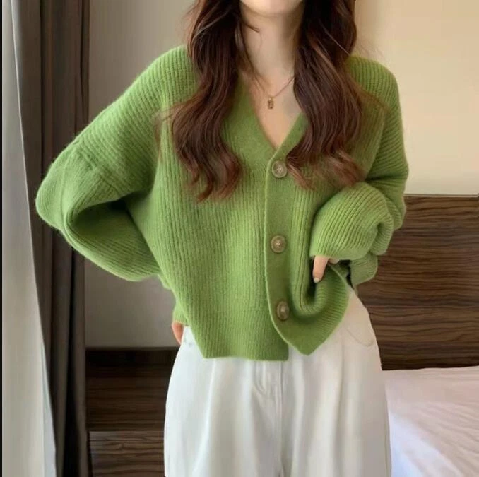 Womens Korean Fashion V Neck Long Sleeve Loose Cozy Knitted Sweater Cardigan D