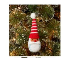 Fabric Santa Head with Knit Striped Hat  White Pom Christmas Tree Ornament