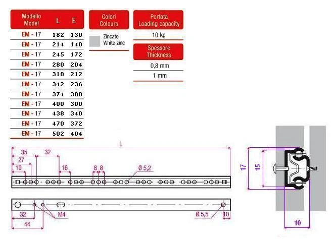COPPIA GUIDE SCORREVOLI a SFERE per CASSETTI Portata 10 kg Estr. Parz. EM17 - Immagine 2 di 2