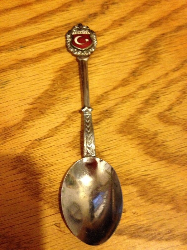 SILVER & ENAMEL SOUVENIR SPOON marked "TURKIYE" in red enamel, 4.5" long