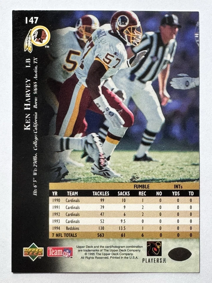 KEN HARVEY Washington Redskins 1995 Upper Deck Football Card #147 - Image 2 of 2
