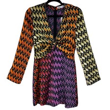 ZARA Printed Mini Dress Size Small Beaded Neckline Retro Festival Psychedelic