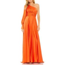 Ieena Mac Duggal Orange One-Shoulder Long Sleeve Satin Gown Size 8 $398