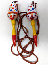 Vintage Tin Litho Musical Clowns Wood Handle Jump Rope Childrens Toy Japan KP23