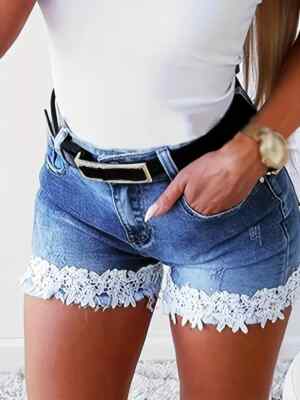 US Sexy Casual Blue Lace Detail Denim Shorts Stretch Slash Pockets Jeans Cotton